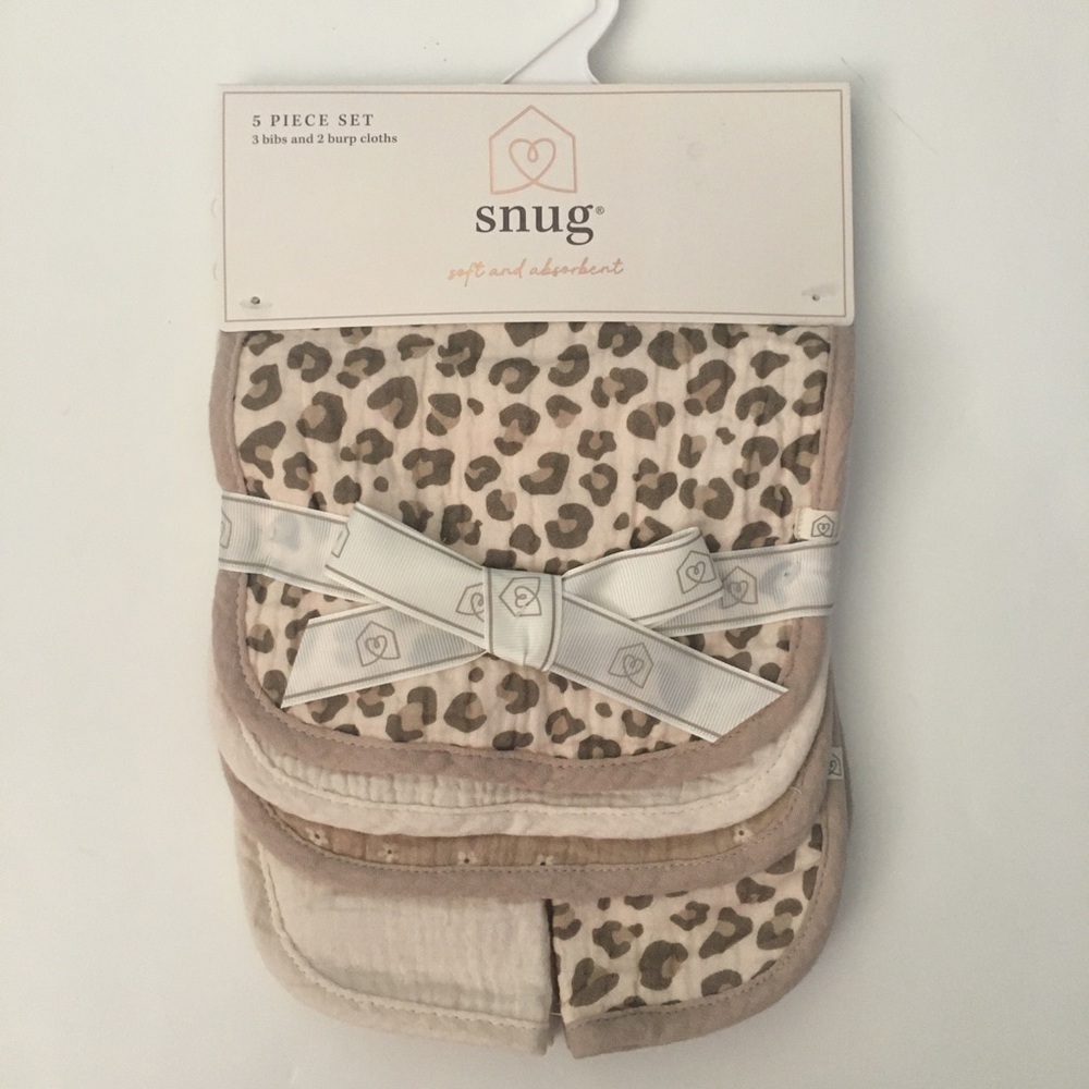 Snug 5-Piece Baby Bib & Burp Cloth Set - Leopard Print Cotton NEW